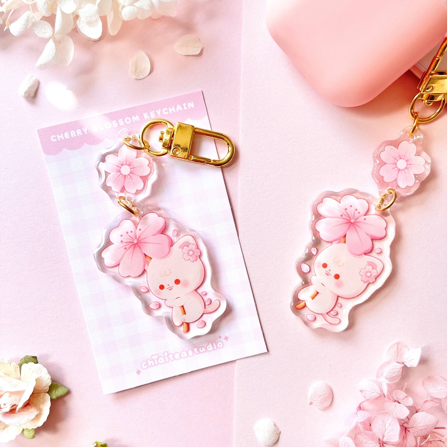 Cherry Blossom Keychain with Glitter Epoxy